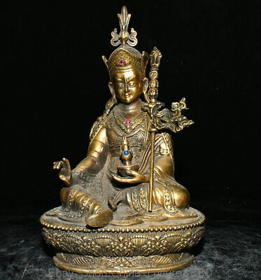 #ad 7.8quot; Old Tibet Tibetan Pure Bronze Gem Guru Padmasambhava Rinpoche Buddha Statue