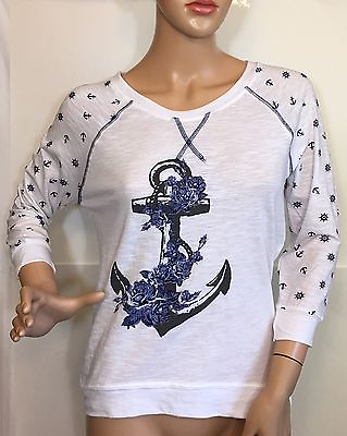 #ad Anchor Junior#x27;s White And Blue 3 4 Sleeve Knit Shirt Top