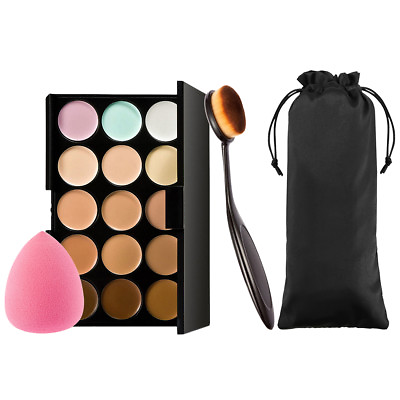 #ad Contour Kit Highlighting Cream Palette 15 Colors w Sponge Puff Oval Makeup Brush