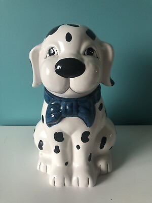 #ad Vintage Cookie Jar DOG Spotted Off White Black Spots Blue Ribbon Collar Imported