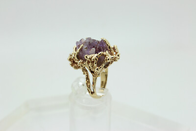 #ad 14k Yellow Gold RAW NATURAL Purple Amethyst Crystal Cluster Gemstone Ring Size 4