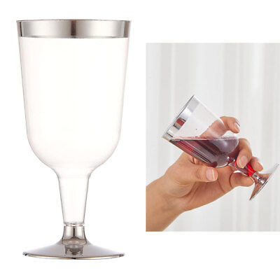 #ad 60 Silver Rimmed Disposable Wine Glasses Cup Champagne Flute Wedding Party 5.5oz