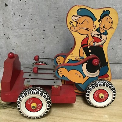#ad Vintage RARE 1950s Popeye Olive Oil Red Wood Tin Toy Car Vehicle Masters Metal
