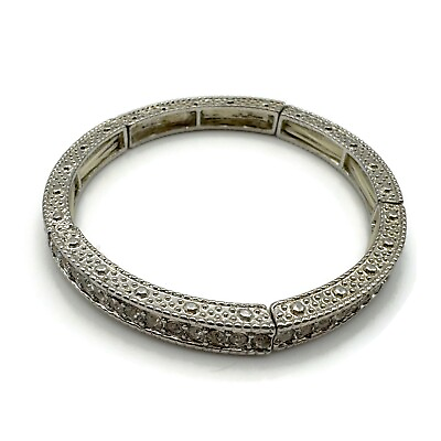 #ad Silver Tone Textured Curved Crystal Rhinestone Bar Link Stretch Bracelet