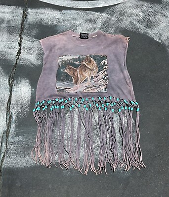 #ad Vintage Wolf Fringe Native American Womens Crop Top Tee Shirt 90s Purple