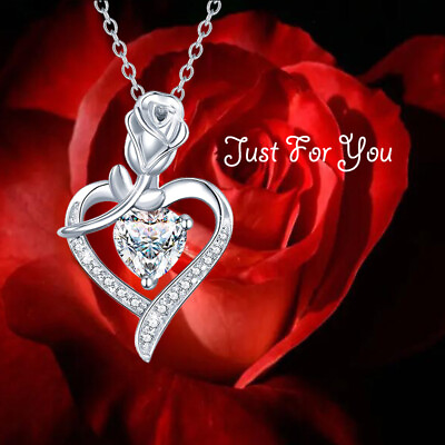 #ad 925 Silver Heart shaped Rose Zircon Necklace