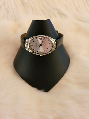 #ad Womens Oval Rhinestone Watch Black Faux Leather Adjustable Band Silver Tone 8940