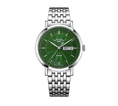 #ad Rotary Watches Gents Steel Quartz Bracelet Watch with Green Dial GB05420 24
