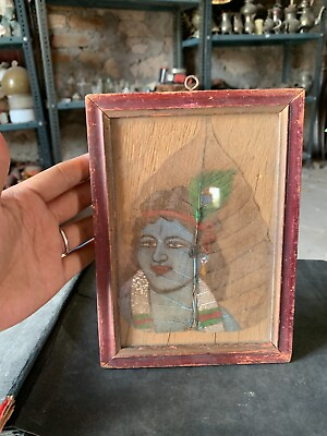 #ad Vintage Handmade Beautiful Lord Krishna Art on Dry Peepal Leaf Painting Framed $289.00