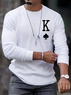 #ad T Shirts Men Royal King White K Poker Card Solid Fashion Long Sleeve Soft Tee