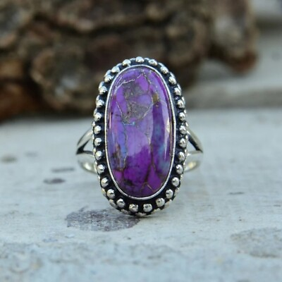 #ad 925 Sterling Silver Purple Copper Turquoise GENUINE Handmade Oval Shaped Ring