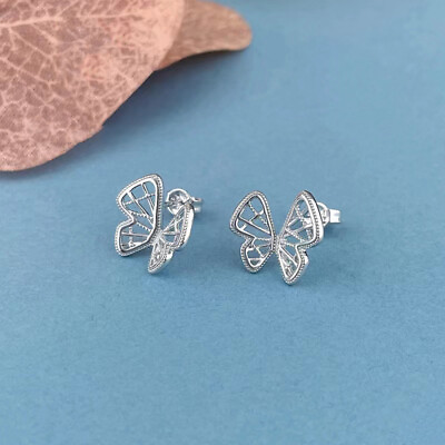 #ad Real Platinum 950 Women Earrings Lucky Hollow Butterfly Stud Earrings 3.2 3.4g