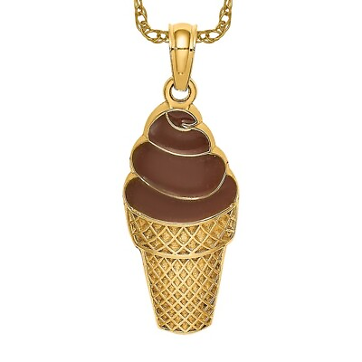 #ad 14K Yellow Gold Brown Chocolate Ice Cream Cone Necklace Charm Pendant