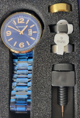 #ad Mancini Mumbai Watch Blue Dial Quartz Men#x27;s Watch Rings Gift Set 43mm Blue Dial