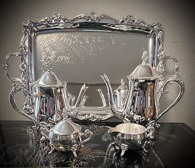 #ad International Silver Co. 5 Piece Silver Plate Coffee and Tea Set w Serving Tray