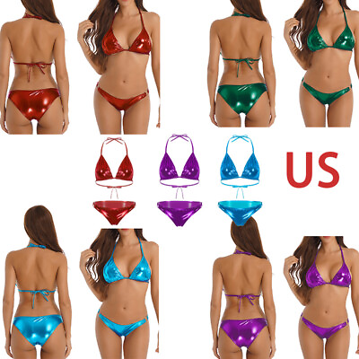 #ad US Womens Metallic Shiny Bikini Swimwear Pool Party Suit Lace up Bra with Briefs
