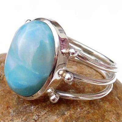#ad Larimar Ring Solid 925 Sterling Silver Ring Statement Jewelry All Size MS306