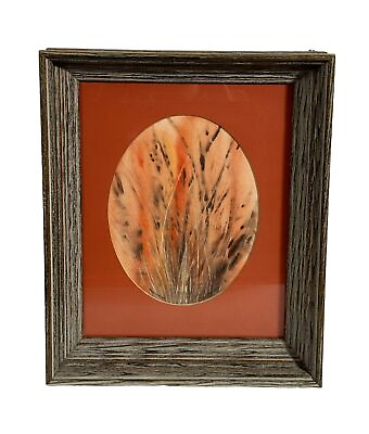 #ad Vintage Abstract Mono Print MCM Wheat Cattails Orange Brown Framed 10x12”