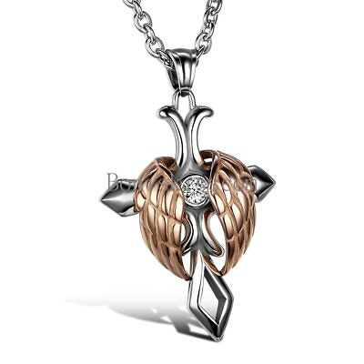 #ad Men Women Angel Wing Celtic Cross Rhinestone Stainless Steel Pendant Necklace