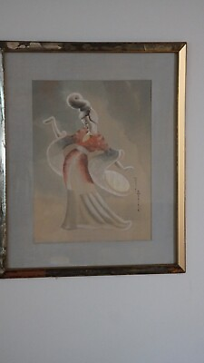 #ad Vintage 40#x27;s 50#x27;s Art Deco Asian Inpsired Morrored Frame Water color painting