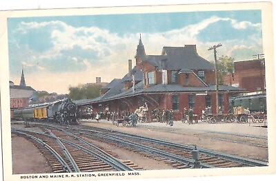 #ad Greenfield Mass. Boston amp; Maine Railroad Station Train Carts WB Postcard