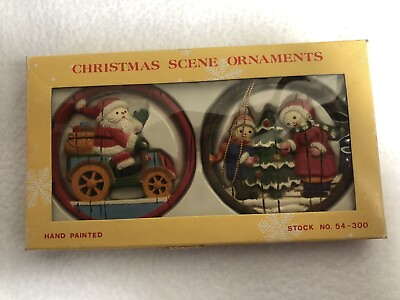 #ad 2 Vintage CHRISTMAS SCENE Resin Round Ornaments Hand Painted 3quot; NOS