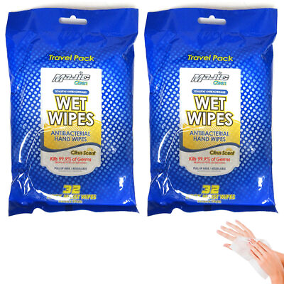 #ad 2 Pack Travel Wet Wipes Antibacterial Moist Hand Cleaning Citrus Scent 64 Count