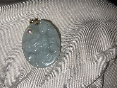 #ad Green Carved Jade Geisha With Pearl Suspended On A 14k Pendant Bail