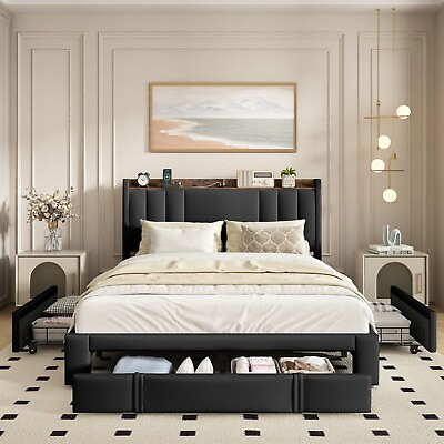 #ad Black PU Full Size Bed with 3 Storage Drawers and Charging StationUpholstered