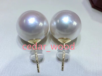 #ad Huge AAAA 13 14mm round Natural South Sea White Pearl earrings 18k yellow gold