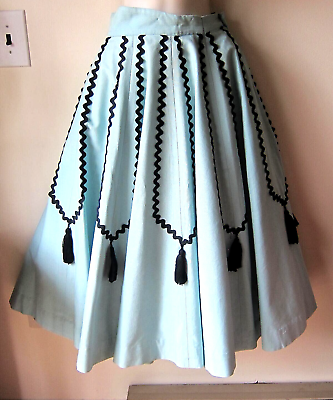 #ad AMAZING Carolyn Schnurer 50#x27;s Full Blue Skirt w Black Rik Rak amp;Tassel Trim Sz S