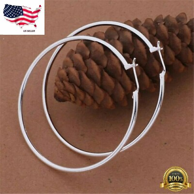 #ad Womens Silver Plated 50mm 2” Big Round Large Thin Hoop Earrings Lab Created
