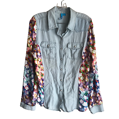 #ad L#x27;AMOUR Nanette Lepore Womens Western Shirt Size XL Chambray Satin Sleeve Floral