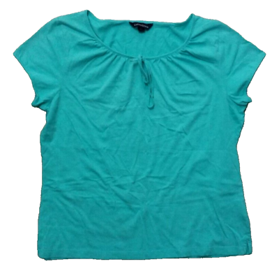 #ad Lands End Womens Short Sleeve T Shirt Size Large Neck Tie Round Neck Blue Aqua