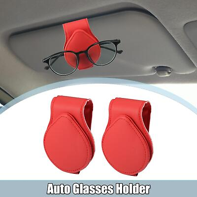 #ad 2 Pcs PU Leather Auto Glasses Holder Magnetic Eyeglass Sun Visor Clip Red