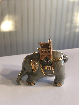 #ad Miniature Porcelain Ornate Elephant With Chair On Back 1.75” Tall Grey Gold $22.99