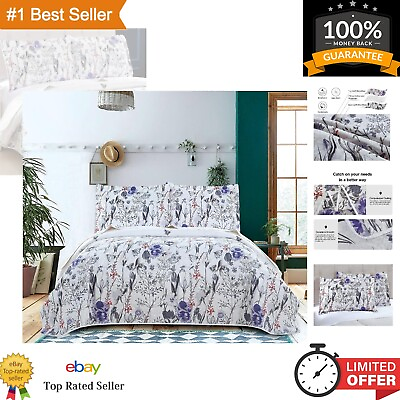 #ad Purple Floral Quilt Set Full Queen Size Reversible Bedspread Coverlet with ...