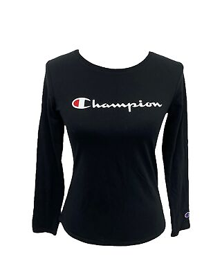 #ad Champion Boy#x27;s Shirt Black Big Logo Crewneck Long Sleeve Size Large