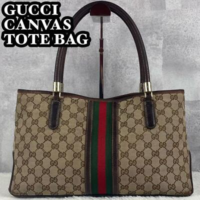 #ad Gucci GG Tote Bag Canvas Leather Sherry line Beige Brown Authentic MBa0514
