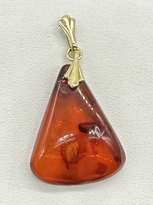 #ad Vintage 9k Yellow Gold Triangle Amber Pendant Unisex 1 3 4quot; Drop 3.8g