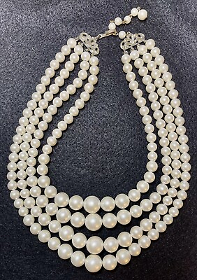 #ad Vintage 4 Strand Faux Pearl Necklace Silver Clasp w Rhinestones Marked Japan