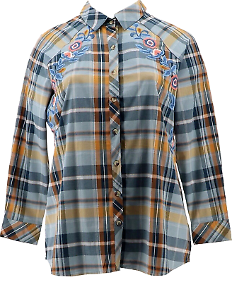 #ad TOLANI Women Plaid Button Shirt Blouse SZ M Blue Multi Western Embroidered