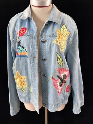 #ad White Stag denim jacket size M 8 10 embroidered butterfly 2 pockets beads cotton