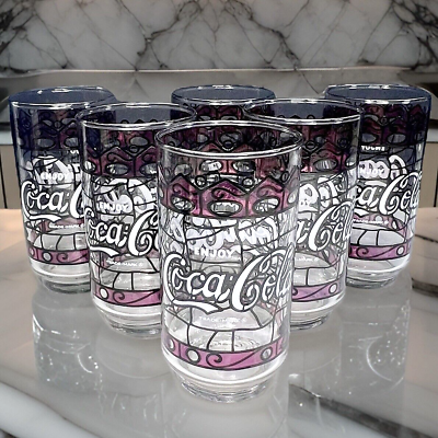 #ad Vintage Coca Cola Tiffany Style Stained Glass Drinking Glasses Tumblers Set Of 6