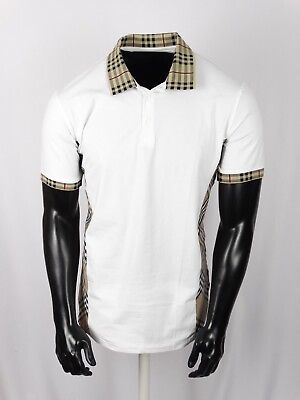 #ad Mens Polo Shirt White Plaid Italian Design Collar Slim Fit Stretch Casual Shirt