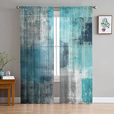 #ad Turquoise Blue Grey Sheer Curtains 72 Inch Length 2 Panels Set for Living Roo...