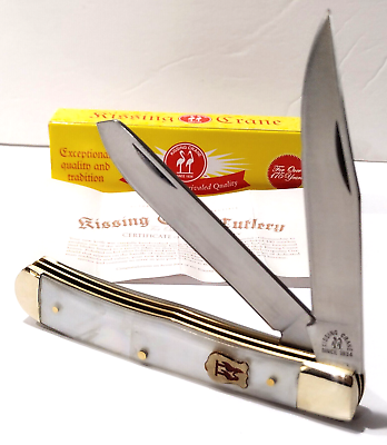 #ad Kissing Crane Genuine White Mother Of Pearl 2 Blade Trapper Folding Pocket Knife