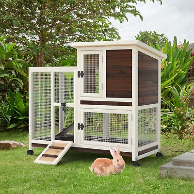 #ad 40quot; Wooden Rabbit Hutch 2 Tier Bunny Cage Small Animal Pet House w Wheel Outdoor