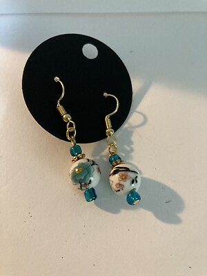 #ad Homemade Handmade Gold And Teal Lotus Asian Style Drop Dangle Earrings