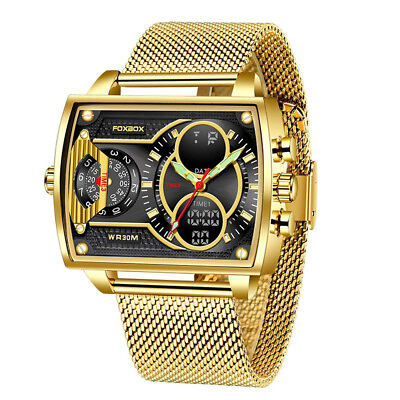 #ad FOXBOX Mens Rectangle Watch Meshband Male Quartz Watch LED Digital Wrist